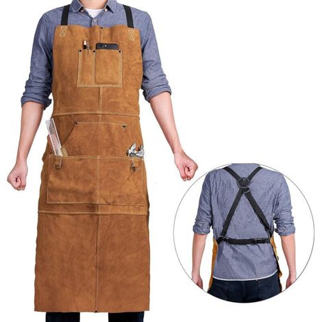 Tablier de soudeur en cuir avec 6 poches à outils, résistant à la chaleur et aux flammes, 61 x 107 cm, ajustable de M à XXXL (1/3)