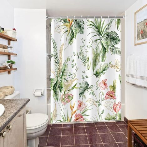 Rideau Douche Anti Moisissure, Rideau de Douche 150x180cm Tropical Vert Feuilles de Palmier Jungle Fleur Rose Rideaux de Baignoire Tissu Lavable Imperméable Rideaux de Bain avec 10 Crochets - 150L X 1 (1/5)