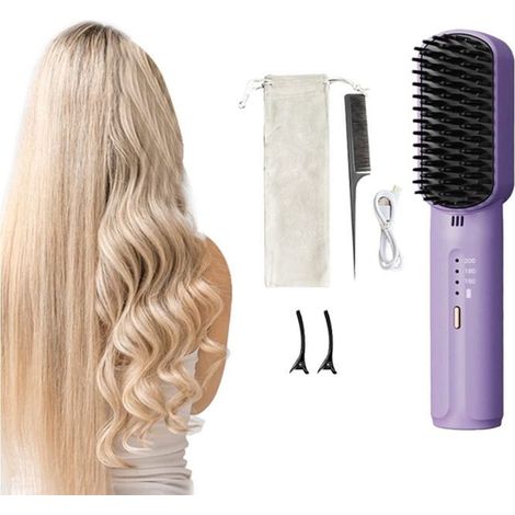 Lisseur à cheveux portable rechargeable à ions négatifs, peigne lissant violet (1/3)