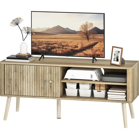 Meuble TV, chêne, TV jusqu'à 55 pouces, porte, étagère réglable, compartiments ouverts, trou (1/5)