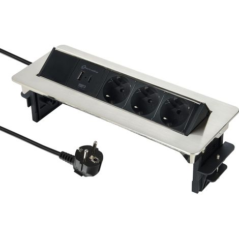 Electraline 62570 Presa retrattile da tavolo/scrivania, presa integrata, 3 prese Schuko, 2 USB 3.1A (1 tipo A 1 tipo C compatibile con le ultime tecnologie), 15,5 W, cavo da 2 m, sable (1/4)