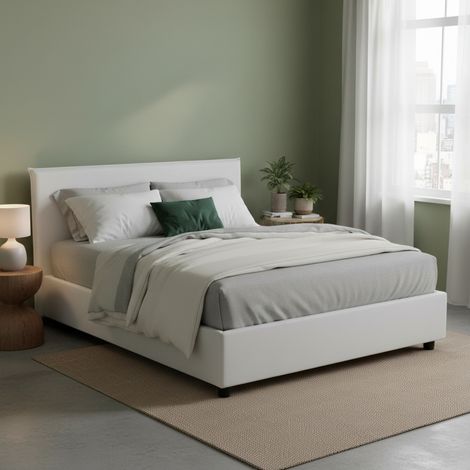 Talamo Italia Cama matrimonial Brenda, Cama contenedor con revestimiento de tela, 100% Made in Italy, Apertura frontal, con colchón Cm 160x200 incluido, Blanco, con embalaje reforzado (1/5)