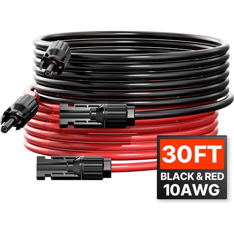 VEVOR 2 PCS Cable de Extensión para Panel Solar de 9,14 m, 10 AWG, Cable Fotovoltaico de 6 mm² con Conectores Hembra y Macho a Prueba de Agua para Paneles Solares Domesticos, de Barco, Negro y Rojo (1/5)