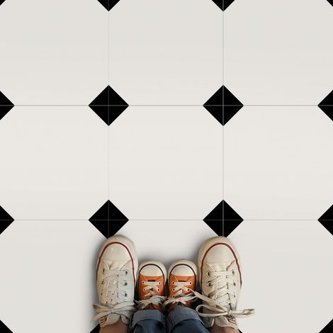 JSSEVN - Set of 10 square waterproof and non-slip vinyl tiles - 30 x 30 cm - White and black - For kitchen, bathroom, living room (1/5)