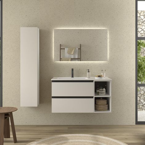 Meuble de salle de bain BEQUIA PLUS METAL 90cm Blanc mat Vasque Porcelaine Robinet à gauche 2H (1/5)