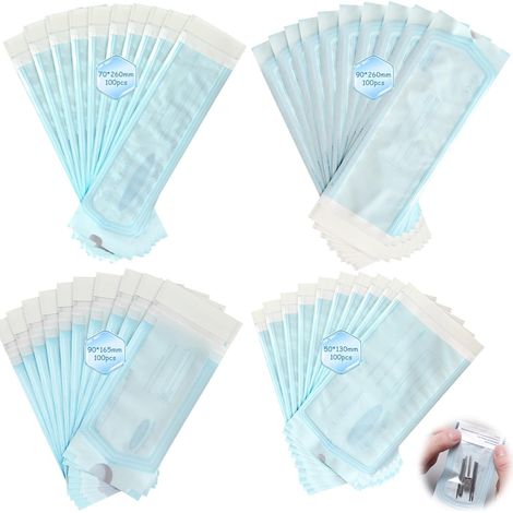 Lot de 400 sachets de stérilisation, 90 mm x 260 mm + 90 mm x 165 mm + 70 mm x 260 mm + 57 mm x 130 mm, sachets de stérilisation, autocollants jetables pour outils de nettoyage, sacs auto-stérilisants (1/5)