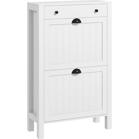 Slim White Shoe Cabinet with 2 Flip Drawers and Adjustable Shelves for Space-Saving Storage