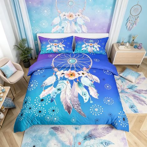 Parure de lit 135 x 200 cm pour enfants Bohême Dream Catcher Housse de couette pour garçons filles Bleu Effets Ombre Housse de couette respirante Aquarelle Fleur Housse de (1/5)