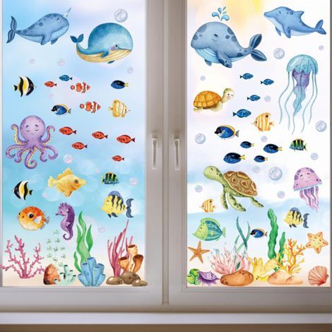 Lote de 134 pegatinas de pared desmontables para ventanas, temática oceánica, para salón, baño y habitación infantil (1/5)