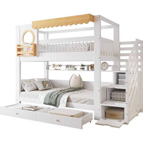 Lit superposé enfant 90x200 avec escalier rangement, 2 tiroirs à roulettes, étagères 2 m, barrière de sécurité, blanc et bois clair  CHICFURN (1/5)