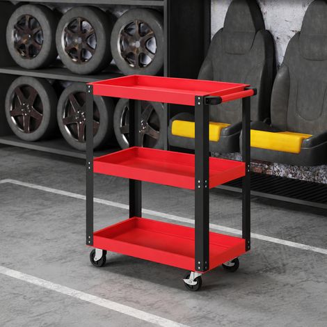 Chariot d'atelier servante atelier à 3 niveaux, poignée latérale et roulettes verrouillables, 70,5x35x82,5cm, rouge (1/5)