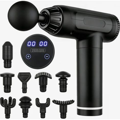 Pistolet massage musculaire - 10 têtes - Écran tactile - 30 vitesses - Batterie 1500mAh - Silencieux 55dB - USB rechargeable - Noir (1/5)