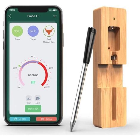1PCS Sonde Temperature Cuisine Bluetooth 50m Thermomètre à viande Sans Fil avec Fonction de Minuterie et D'alarme Connexion Thermomètre Cuisine pour Friteuses à Air, BBQ, Four, Fumoir (1/5)
