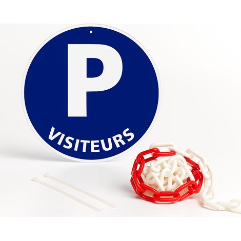 Parking visiteurs disque rigide prépercé avec chaine plastique rouge/blanc avec collier de serrage de serrage - panneau rond signalisation Diamètre 300 mm