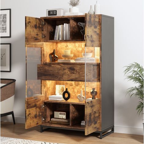 Vitrine 80x40x138 cm en bois noir et effet bois, avec rangement LED pour salon moderne FloraGrace (1/5)