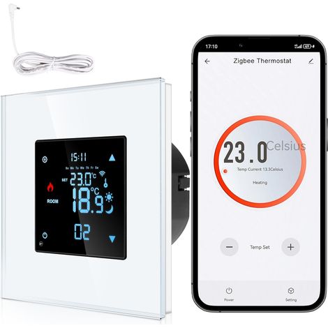 Zigbee Thermostat intelligent encastré avec sonde - Thermostat d'ambiance numérique pour chauffage au sol et chauffe-eau - Compatible avec et - Commande vocale - Blanc (1/5)