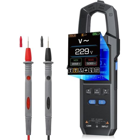 Multimetro digitale a pinza DMC-100 con 10000 conteggi per corrente AC/DC/tensione/diodi/resistenza/condensatori/continuità/temperatura/frequenza/zero filo sotto tensione/test NCV con torcia e luce ne (1/5)