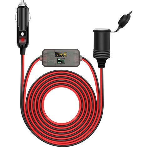 2M Rallonge Prise Allume-Cigare de Voiture étanche avec LED Voltmètre et Ampèremètre,12V/24V Adaptateur Cordon de Allume-Cigare Câble D'extension pour Moto,Bateau,Voiture,Camion (1/5)