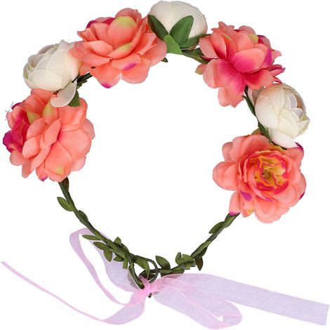 Couronne florale réglable pour femme, bandeau tête fleur artificiel, guirlande florale beige corail (1/5)
