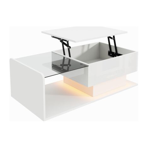 Table basse LED réglable 100x50 cm, rangement, laquée blanche (1/5)