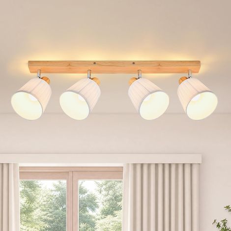 ZMH Spot Plafond E14 Vintage 4 Lumières Orientables 350°, Bois et Tissu Blanc, Style Bohème pour Salon, Cuisine (1/5)