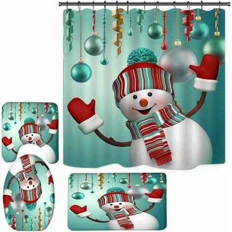 Lot de 4 ensembles de rideaux de douche de salle de bain de Noël, tapis de bain de Noël/tapis de salle de bain antidérapants/couvercle de toilette/rideau de douche avec 12 crochets, déc (1/5)