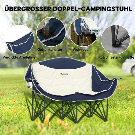 Chaise de camping pliante double avec support de verre et housse de transport, capacité max 250 kg, couleur bleue (1/4)