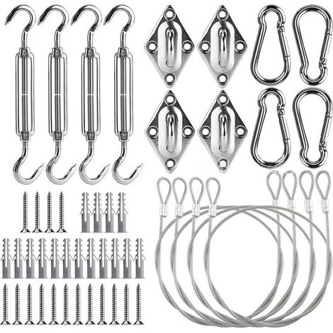 Accessoires pour voile d'ombrage : œillets en acier inoxydable, crochets à ressort, tendeurs et câble métallique de 5 mm [kit de 44 pièces] + 4 torons de câble métallique de 1,5 m (1/4)
