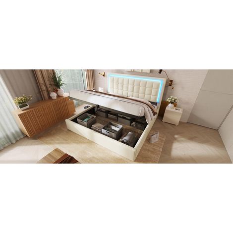 Cama matrimonio con almacenaje LED PU 180x200 OKMYHOME (1/2)