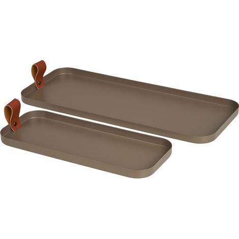 Set 2 vassoi rettangolari in acciaio marrone con manico in pelle — House Nordic
