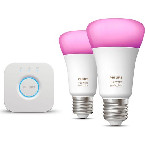 Philips Hue Kit de démarrage E27 avec 2 Ampoules Standard Lumière blanche et colorée - Comprend 1 Bridge - White et Color Ambiance (1/5)