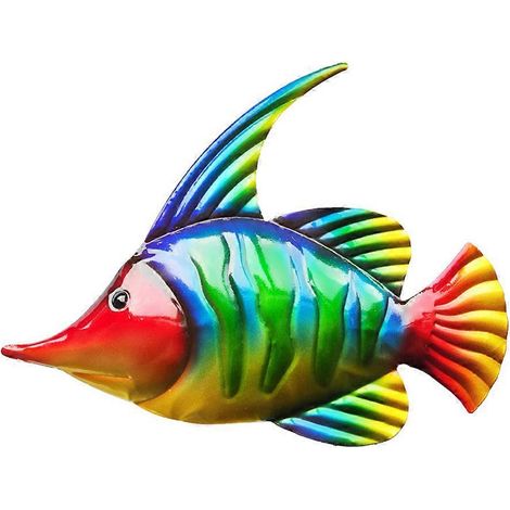 Ensemble de 3 sculptures murales en métal représentant des poissons arc-en-ciel colorés, à suspendre, pour décorer un jardin tropical ou la vie marine. Sculpture en fer, ornement pour la maison. (1/4)