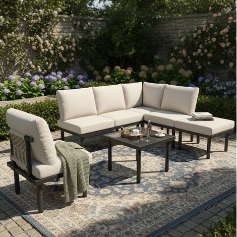 Ensemble de jardin en fer galvanisé et Olefin, 6 places, beige, avec housses déhoussables et plateau en verre (1/5)