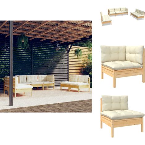 7-tlg. Garten-Lounge-Set mit Creme Kissen Massivholz Kiefer - Gartenzubehör - Lounge Set - Gartenmöbel - Esszimmergarnitur - Outdoor Möbel (1/5)