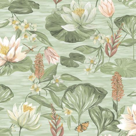 Green Lily Pad Wallpaper Holden Floral Butterfly Pink Natural Flower Botanical (1/4)