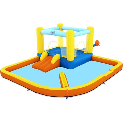 Bestway Piscina parco acquatico beach bounger mis.365x340x152 cm, poliestere rivestito in PVC, mini scivolo a una corsia, spruzzatore d'acqua, include soffiatore d'aria, picchetti per l'ancoraggio, bo (1/5)