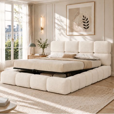 Etagenbett 160/200 cm en blanco con canapé hidráulico, diseño nube y bouclé (1/5)