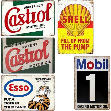 Lot de 5 plaques en tôle rétro pour voiture : poster d'huile moteur, plaque métallique essence, plaque en tôle vintage, 20 x 30 cm, décoration pour atelier, garage, mur de maison et bar (1/5)