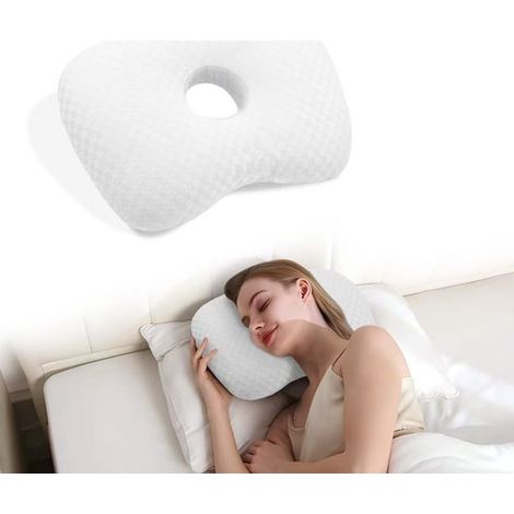 Almohada con orificios para las orejas, ideal para quienes duermen de lado y para personas con infecciones de oído. Almohada lateral curvada - blanca. (1/5)
