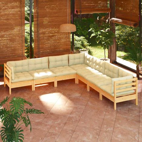 vidaXL Muebles de jardín 7 pzas y cojines madera maciza de pino crema (1/5)