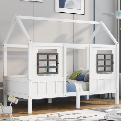 Lit cabane enfant 90x200 cm blanc en pin et MDF avec 2 fenêtres, barrières de protection, sommier à lattes en bois inclus, sans matelas (1/5)