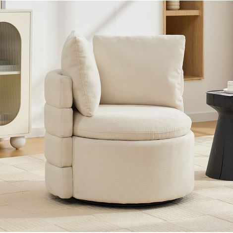 Sillón giratorio 360°, con almacenamiento oculto, cojín de respaldo acolchado, chenilla marfil (1/5)