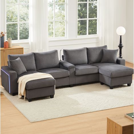 Canapé U 334x128,5x81 cm en velours côtelé gris avec LED et USB, pour salon pratique – MEUBLIV (1/5)