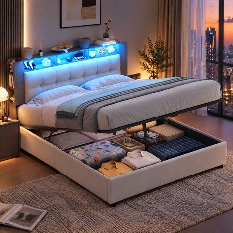 JOOKGBD–Letto a Contenitore 160x200 cm,Letto Matrimoniale Imbottito,Contenitore Idraulico,Illuminazione LED,Ricarica Wireless,Testiera,Rete a Doghe,Velluto,Beige (1/5)