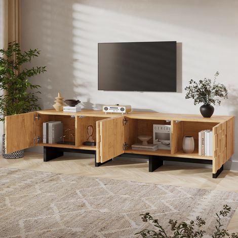 Mobile TV basso 180 cm per TV fino a 75 pollici, 4 ante, effetto legno naturale, OKWISH (1/5)