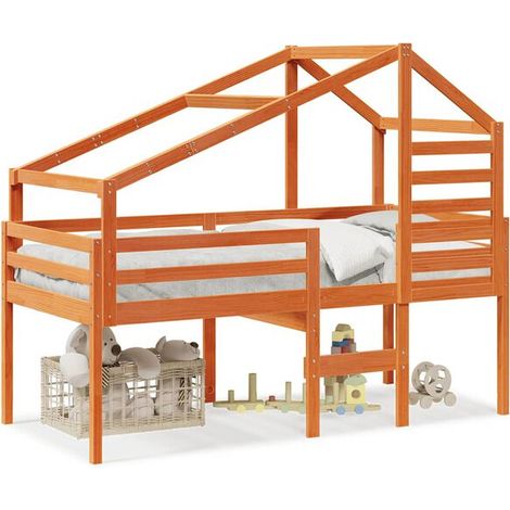 Lit haut (matelas non inclus), finition cirée marron, 80x200 cm, pin massif. (1/5)