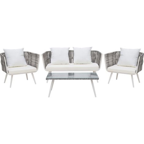 Conjunto de jardín de ratán sintético beige para 4 personas con mesa de centro y cojines Ragusa (1/5)