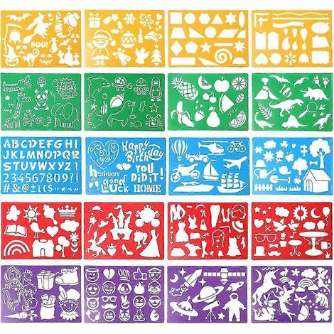Kit de pochoirs pour enfants, 20 pochoirs en plastique, plus de 300 motifs pour dessiner filles et garçons, idéal pour la création de cadeaux et de cartes. (1/5)