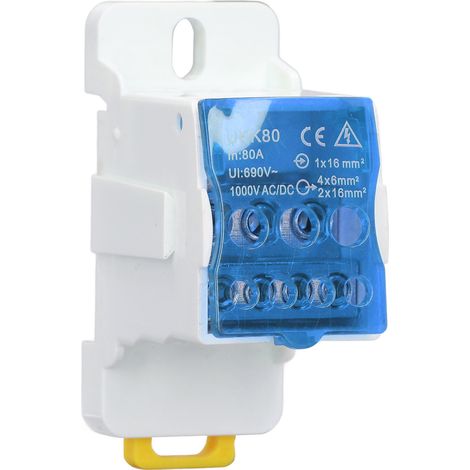 Boîte de distribution à bornier sur rail DIN 690 V 80 A, avec bornes de jonction en laiton pour conducteurs épissables, pour appareils électroménagers (bleu). (1/5)