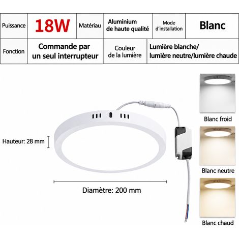 Plafonnier LED rond 18W Ø 200 mm blanc froid 6000K en saillie aluminium 18w φ200 h28mm 6000k 100 g – Livraison gratuite